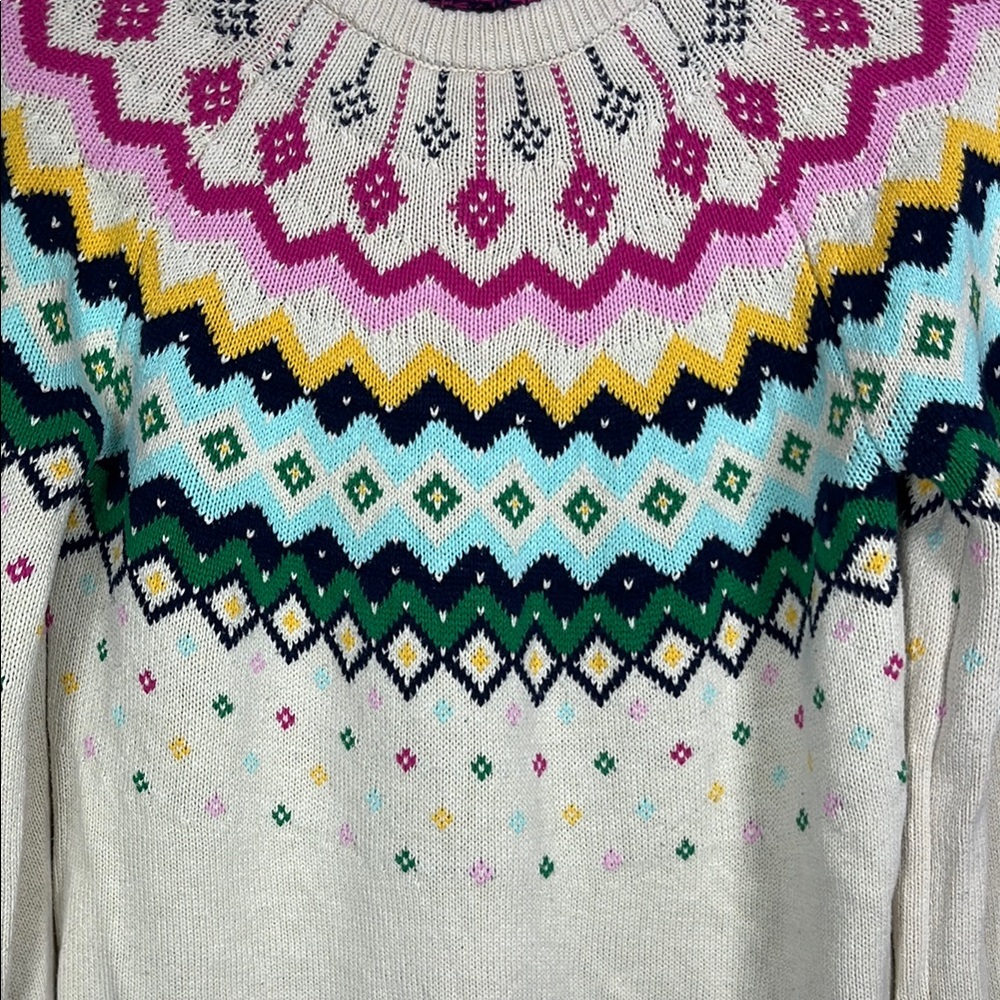 Crown & Ivy Cream Fair Isle Crew Neck Sweater Size M Long Sleeves Colorful Warm - Picture 3 of 8